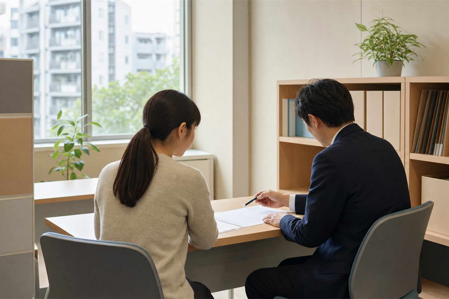 福祉事務所の相談窓口で書類を確認する支援者と利用者