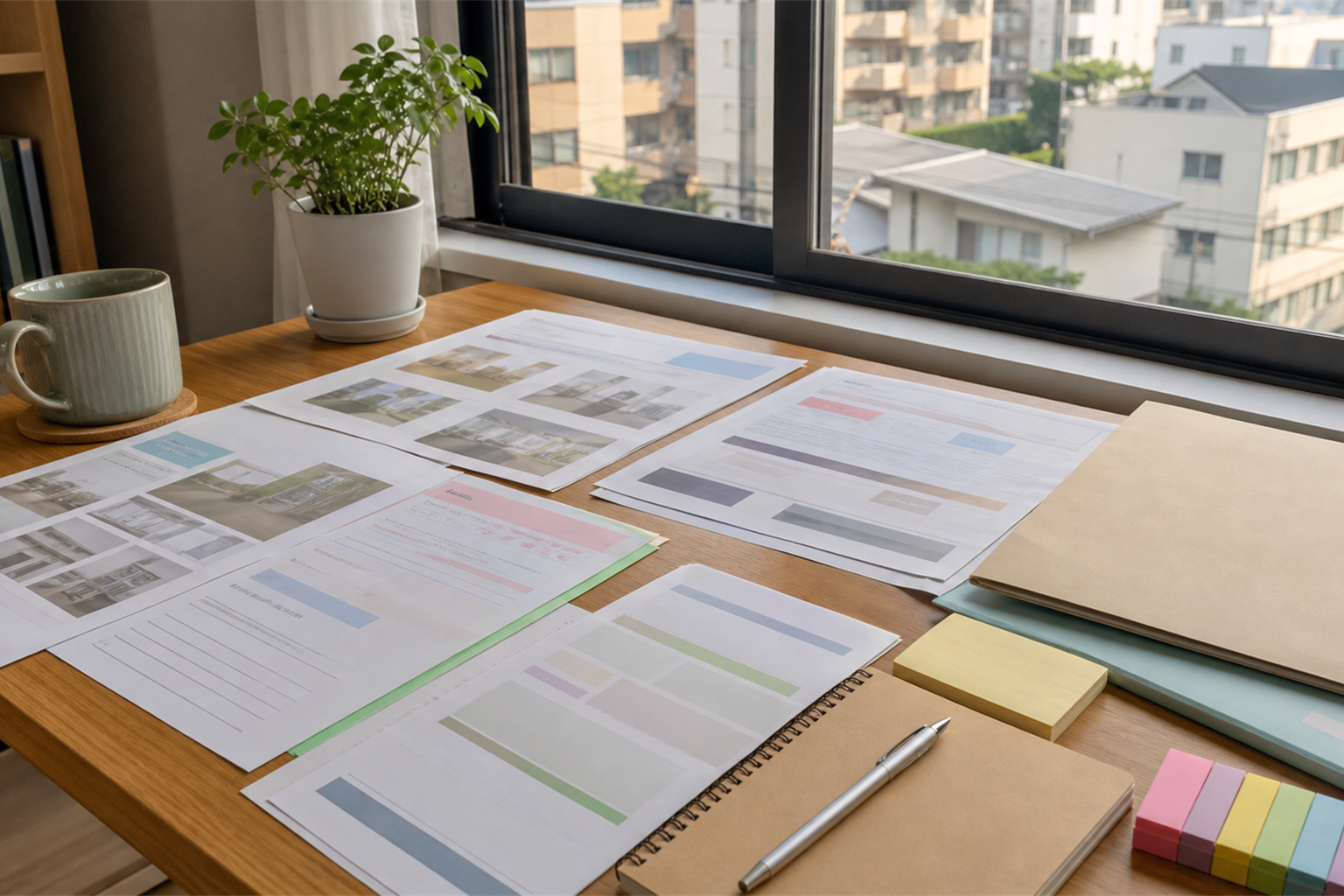 世田谷区の住宅街を背景に、賃貸情報誌と福祉事務所の書類を広げた机