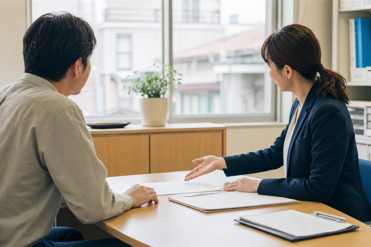 賃貸物件のオーナーと福祉事務所の担当者が代理納付について協議する場面