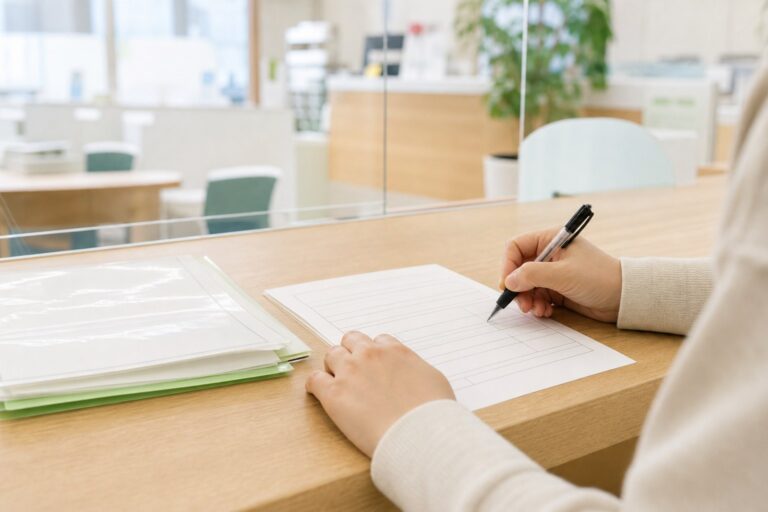 役所の窓口で生活保護の申請書類に記入する手元