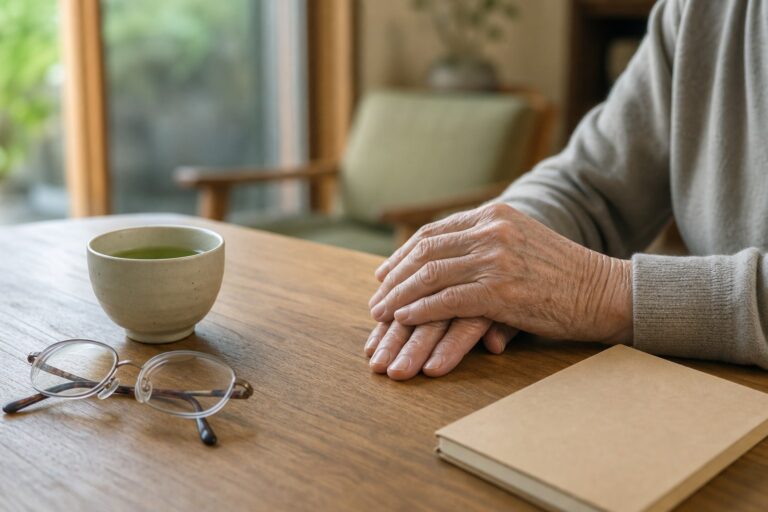 高齢者の手元と緑茶と老眼鏡が置かれたテーブル