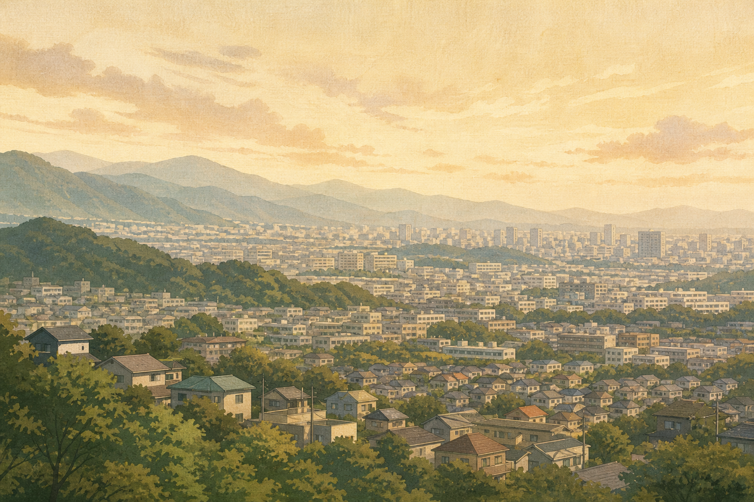 東京都の多摩の丘と都心の街並みを望む広域のイラスト