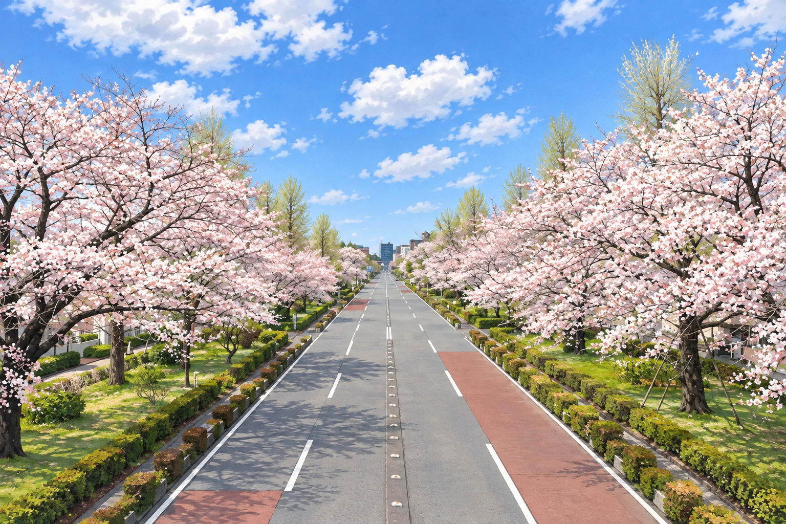 大学通りの桜並木を描いたイラスト
