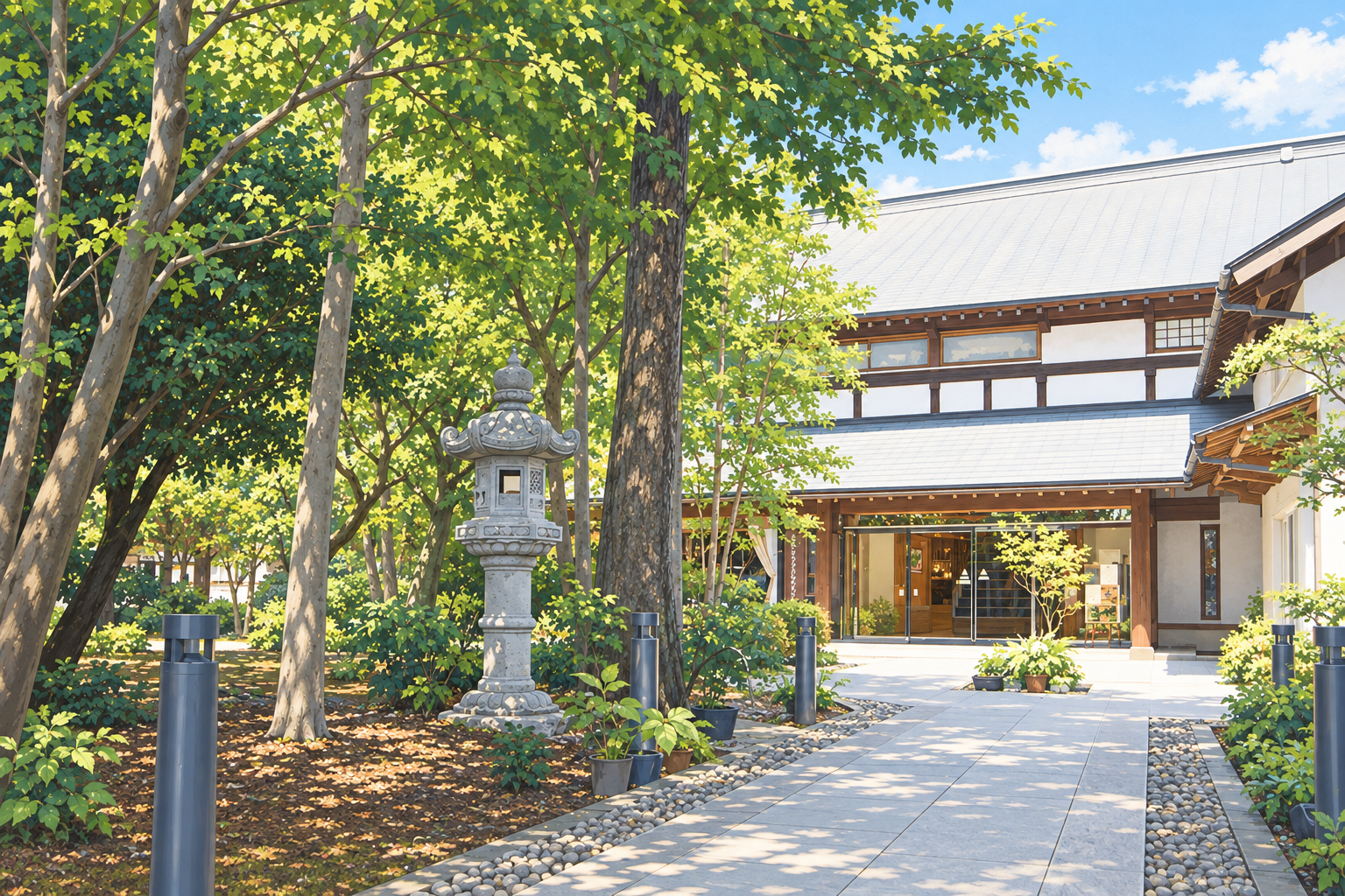 耕心館（養蚕農家由来の二階建て母屋と庭）を描いたイラスト