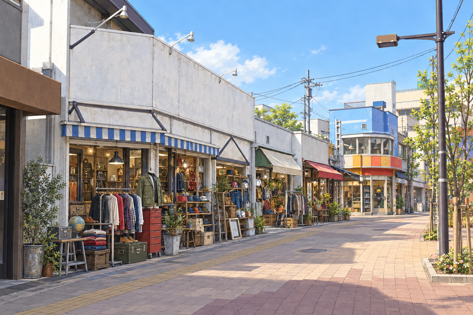ベースサイドストリート（低層店舗のファサードが並ぶ一街区）を描いたイラスト