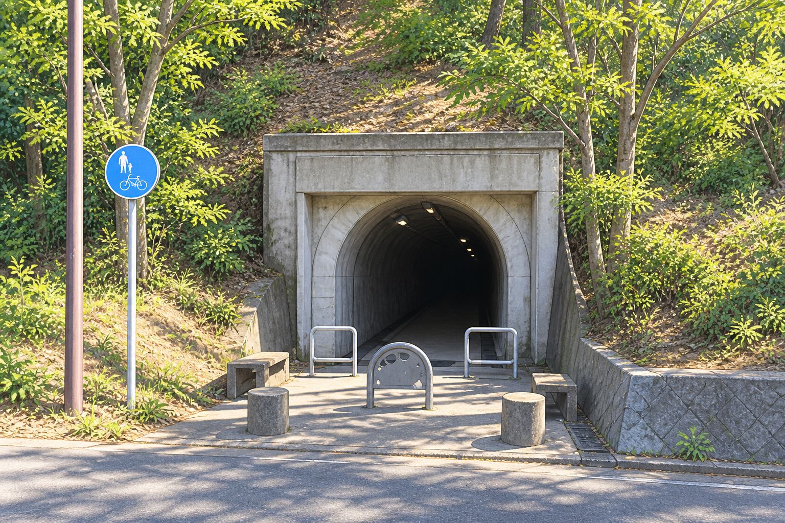 横田トンネル（旧軽便鉄道跡の丸い坑口と緑）を描いたイラスト