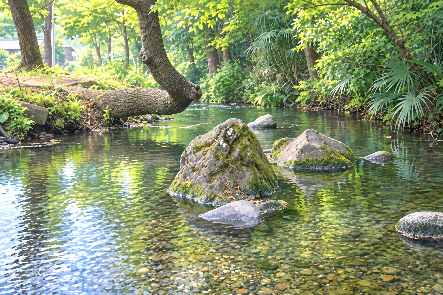 南沢湧水群（沢頭の湧出口と浅い透明な水路・樹木）を描いたイラスト