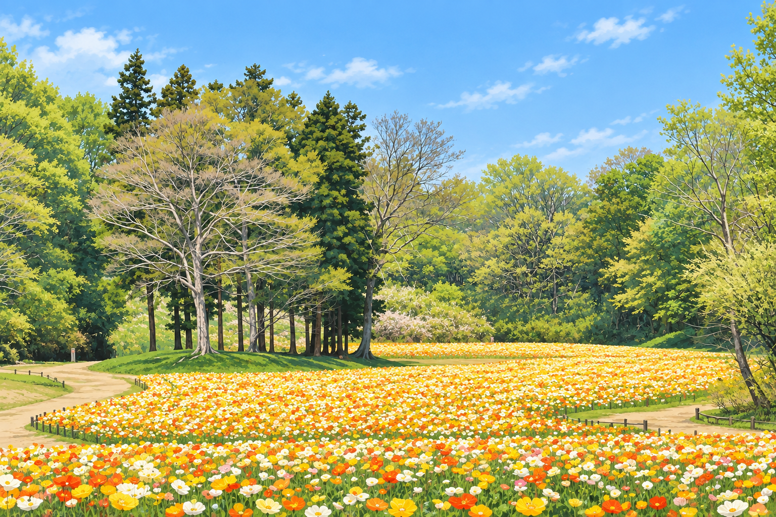 国営武蔵丘陵森林公園の春景を描いたイラスト
