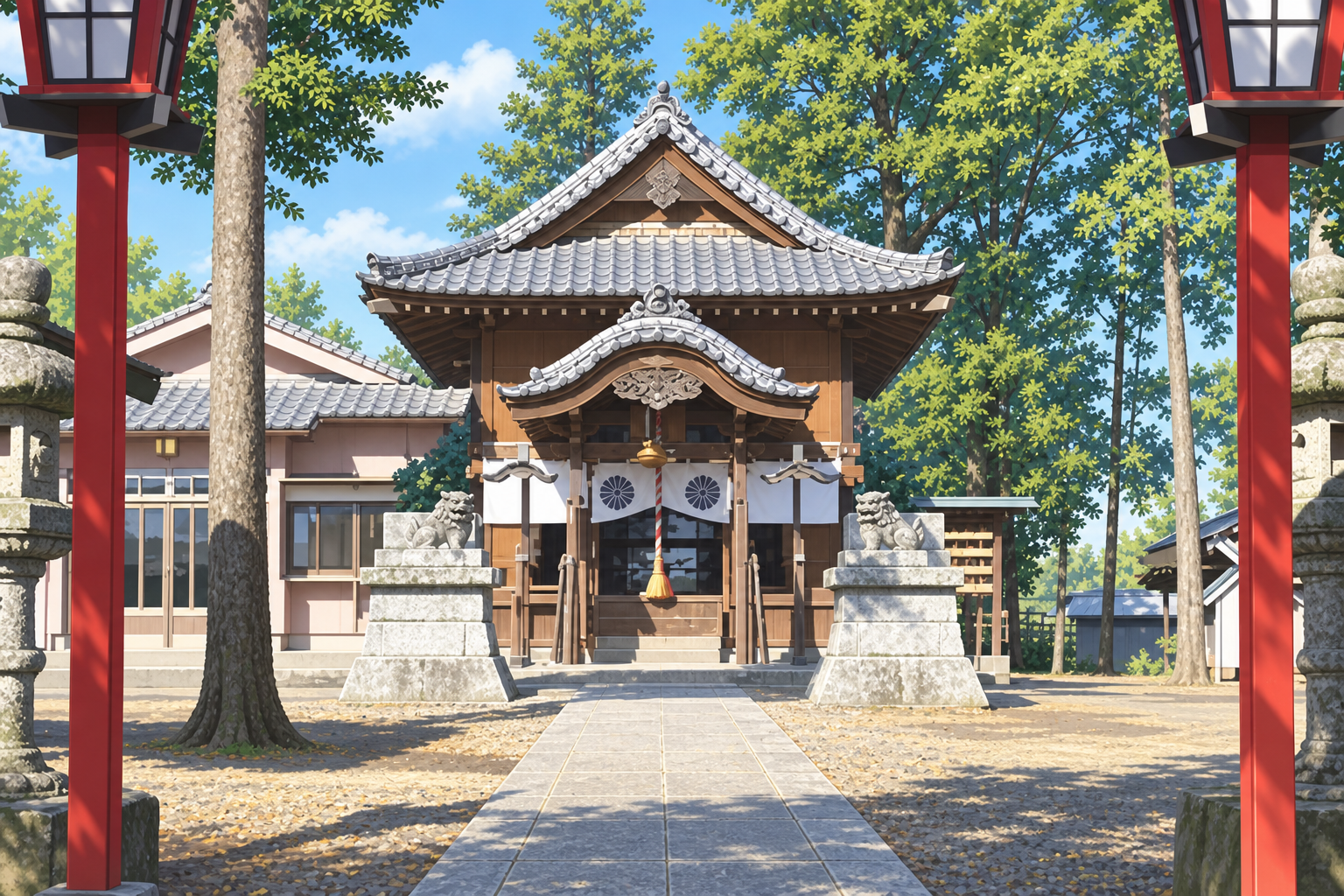 鬼鎮神社の参道から見た社殿全景を描いたイラスト