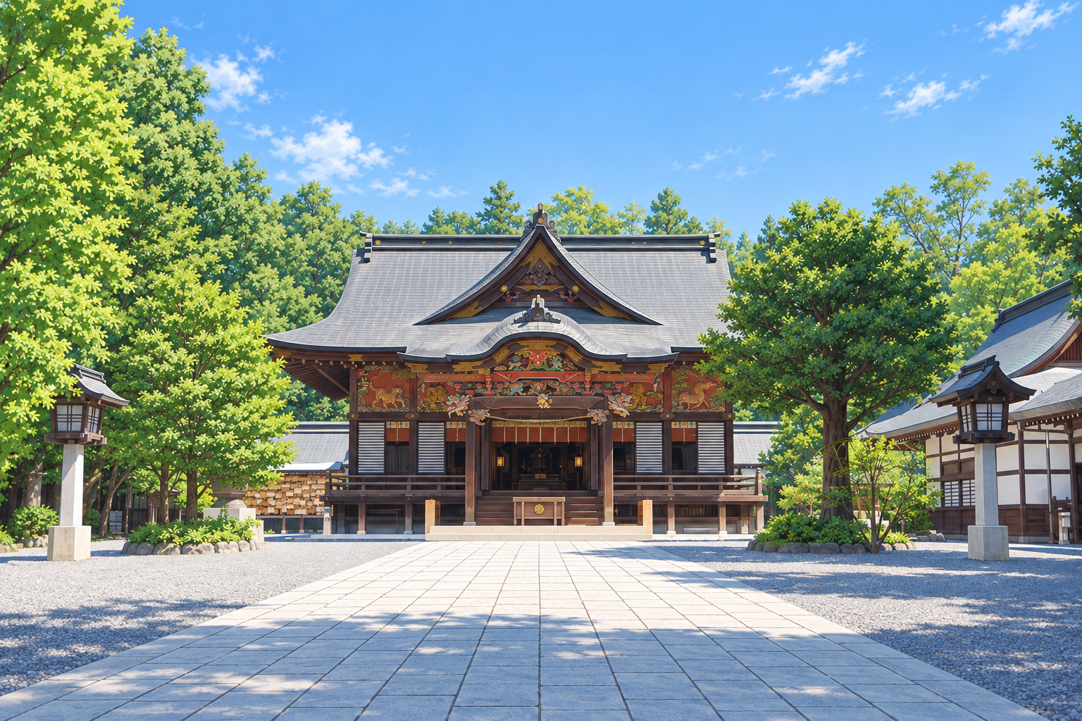 秩父神社の参道と拝殿正面全景を描いたイラスト