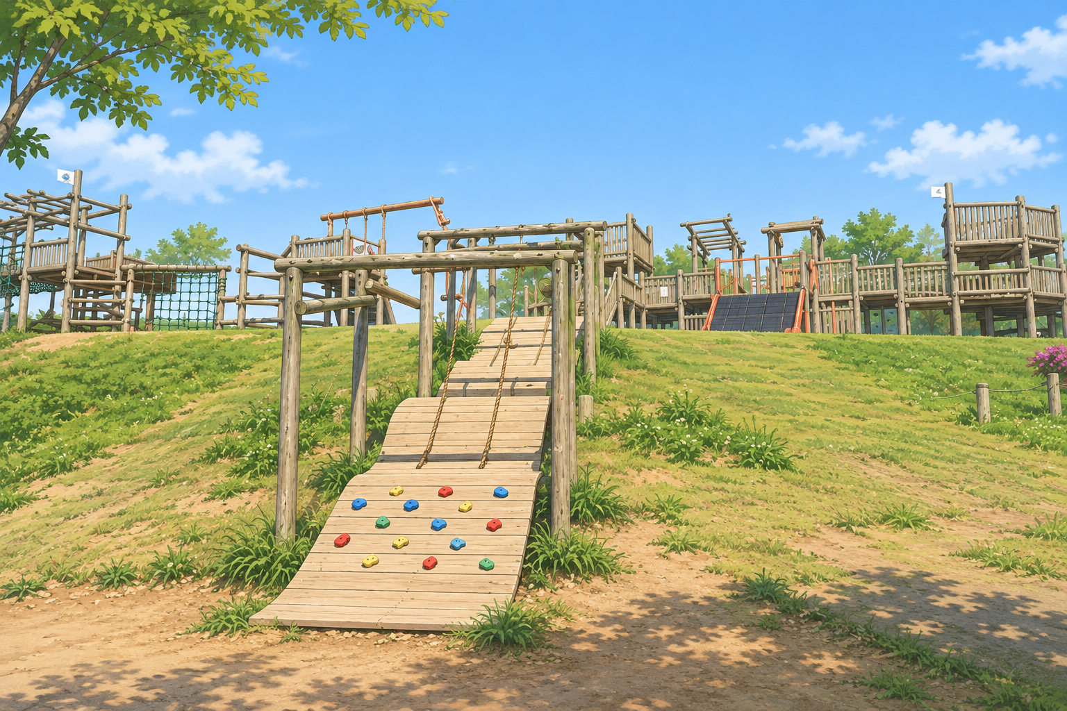 みさと公園の冒険トリデ、手前の登り板越しの全景を描いたイラスト