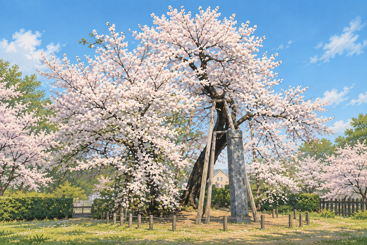 東光寺・石戸蒲ザクラと板石塔婆を描いたイラスト