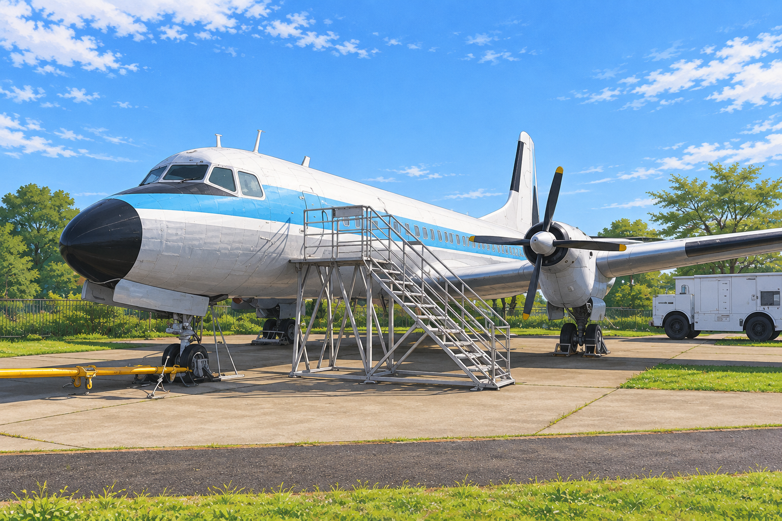 航空科学博物館のYS-11試作1号機の機首と搭乗階段を描いたイラスト