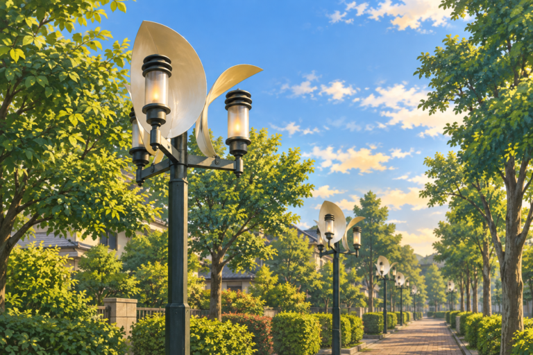 めいわガス灯通りの桜の花びら形街路灯を描いたイラスト