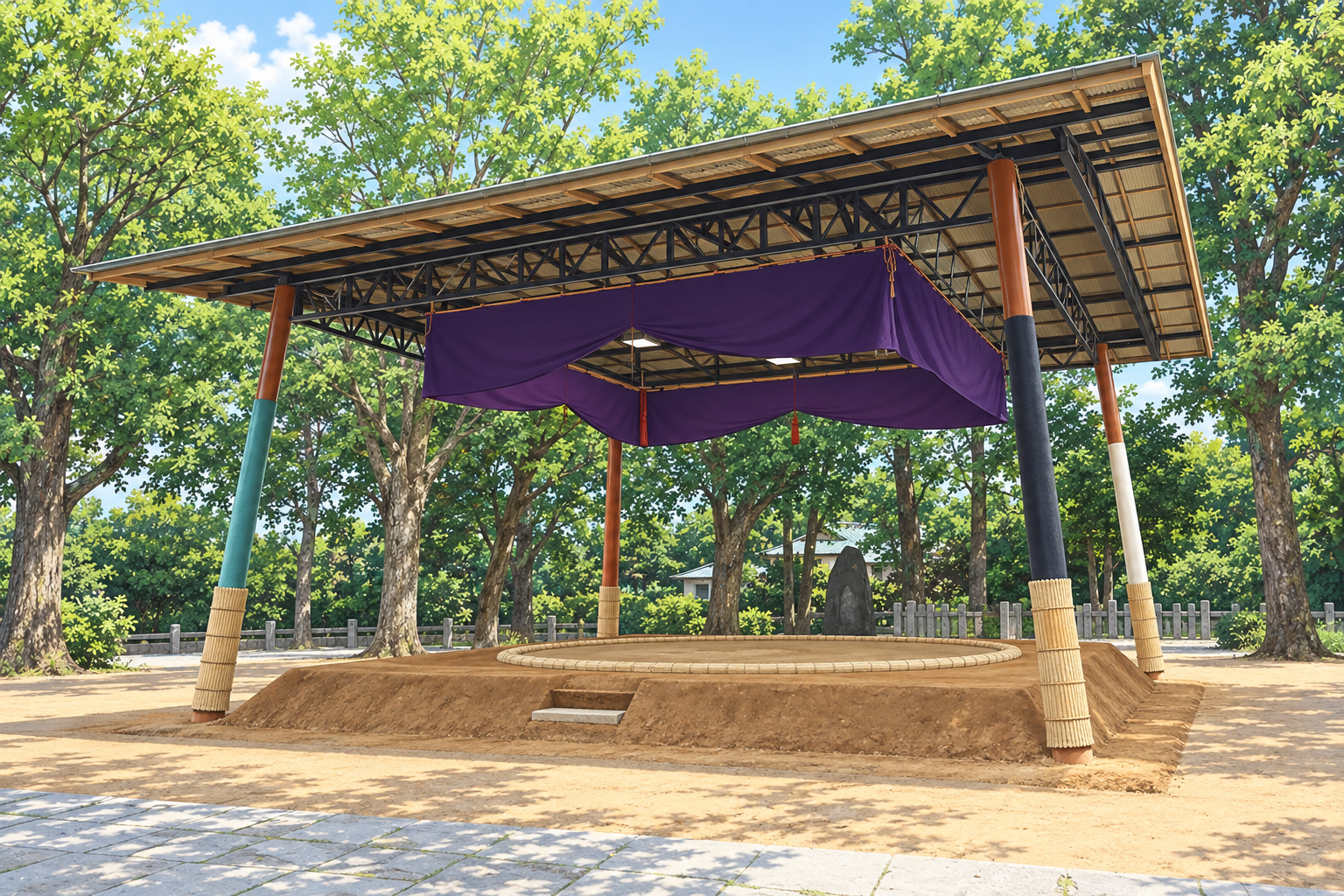 笹川諏訪大神の屋根付き相撲土俵を描いたイラスト