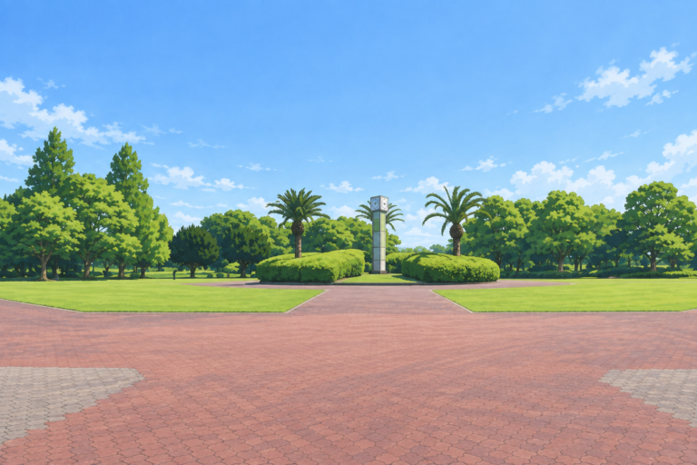 尼ケ台総合公園の中央花壇広場と時計塔を描いたイラスト