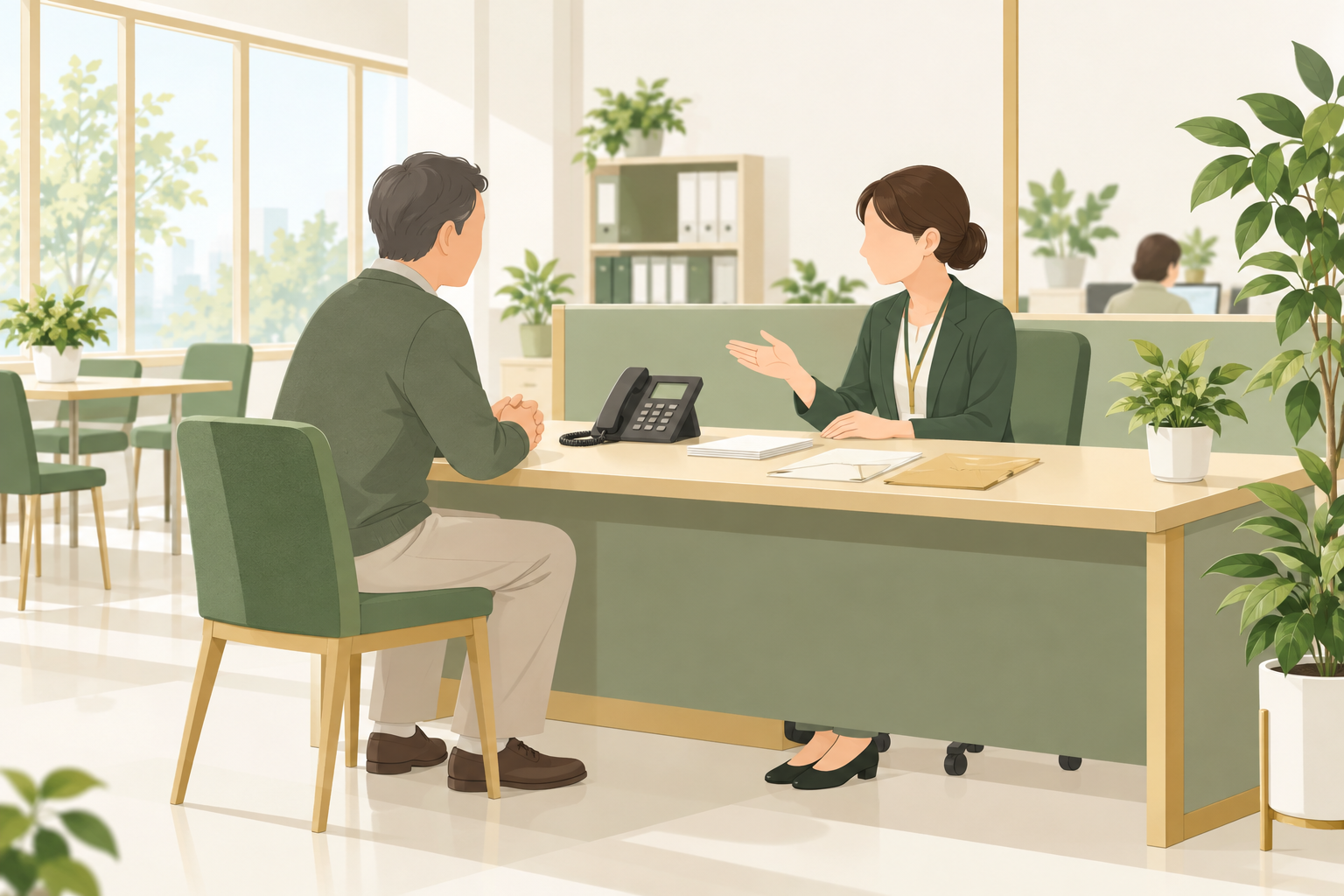 相談窓口で家族への連絡を確認する様子
