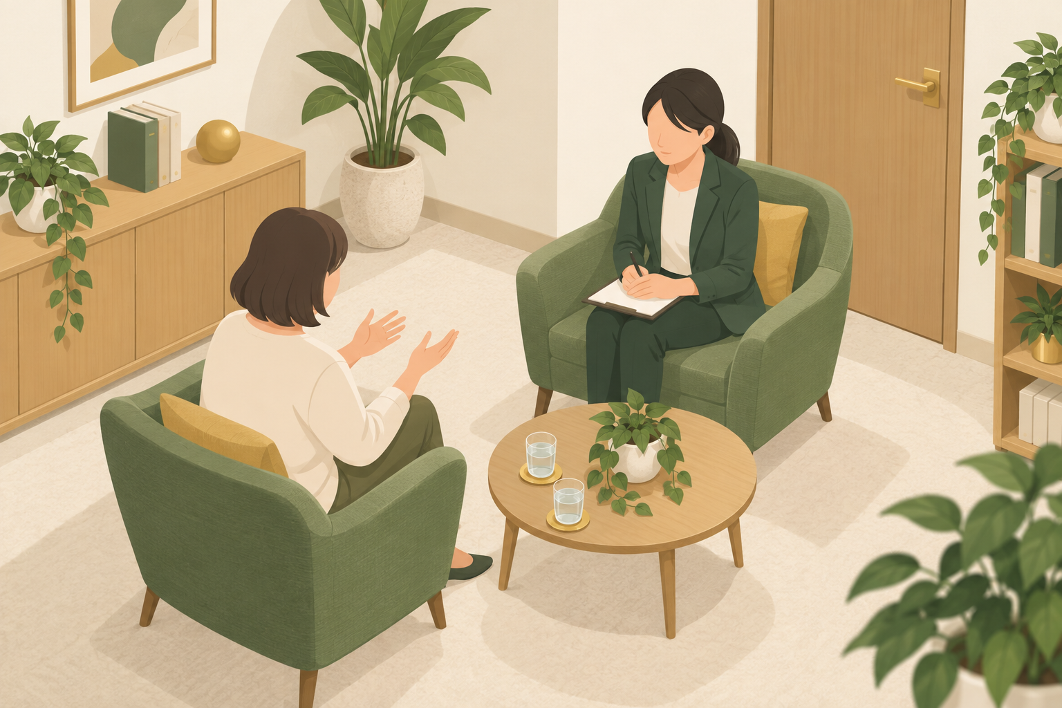家族への連絡を望まない事情を相談する様子