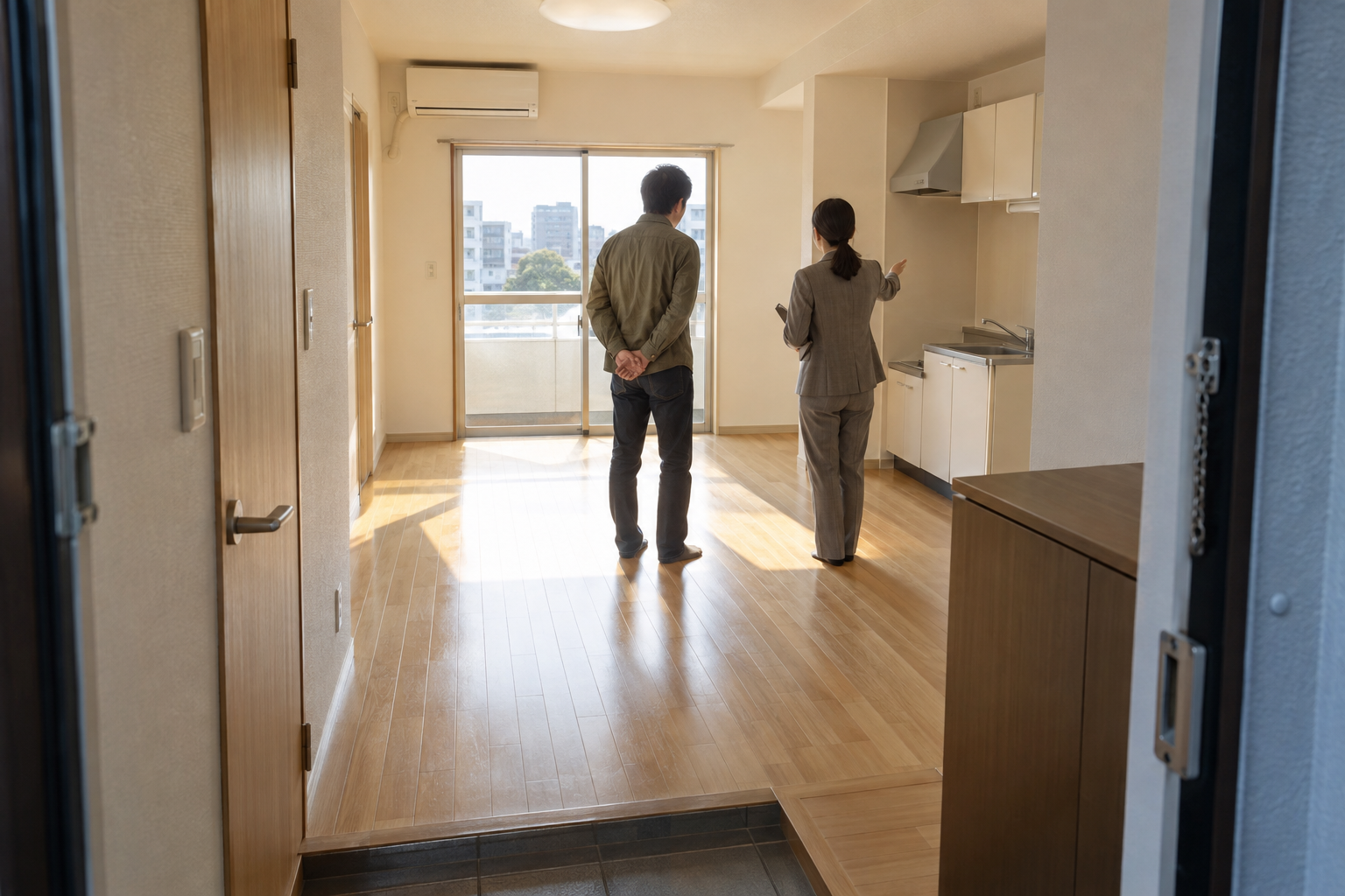 支援員と新しい住まいを内見する様子